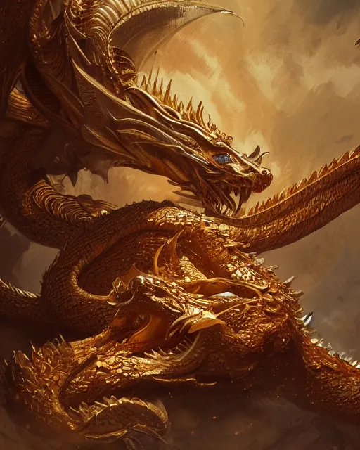 Image similar to A golden dragon resting, tiger skin, highly detailed, fantasy art, monster art, in the style of greg rutkowski, illustration, epic, fantasy, intricate, hyper detailed, artstation, concept art, smooth, sharp focus, ray tracing