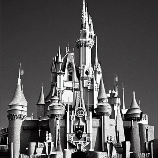 Image similar to the Disney castle made of skulls and bones, nightmare, black and white