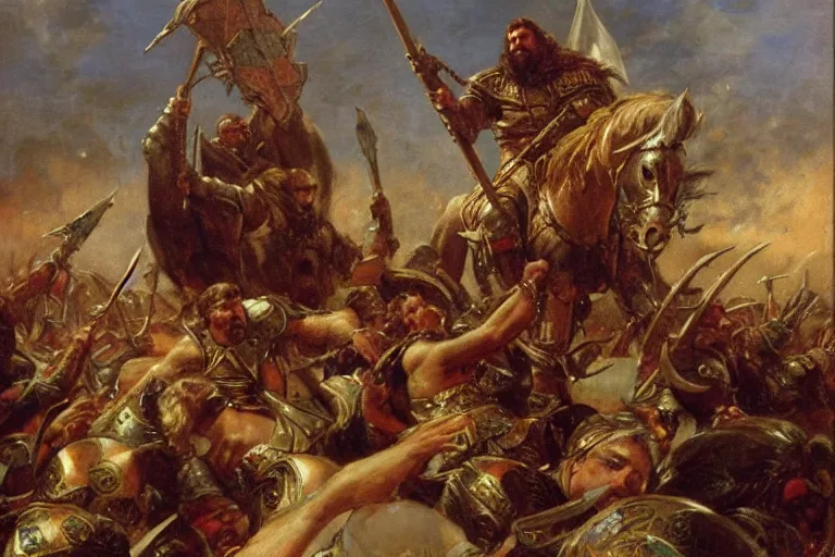 Image similar to robert baratheon leads the battle of the trident. art by gaston bussiere.