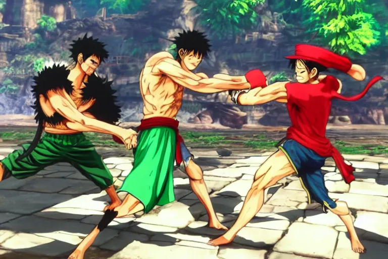 Prompt: Monkey D. Luffy and Roronoa Zoro fighting in Street Fighter V (2016)
