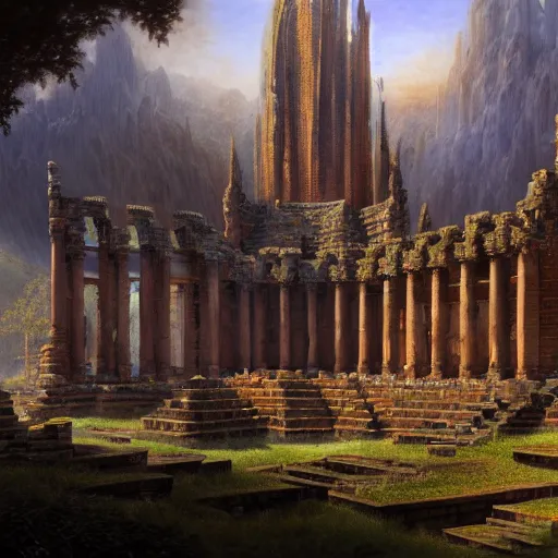 Prompt: a beautiful and highly detailed matte painting of an ancient brick elven temple, epic scale, insanely complex, hyperdetailed, sharp focus, hyperrealism, artstation, cgsociety, 8 k, by caspar friedrich, albert bierstadt, james gurney, brian froud,