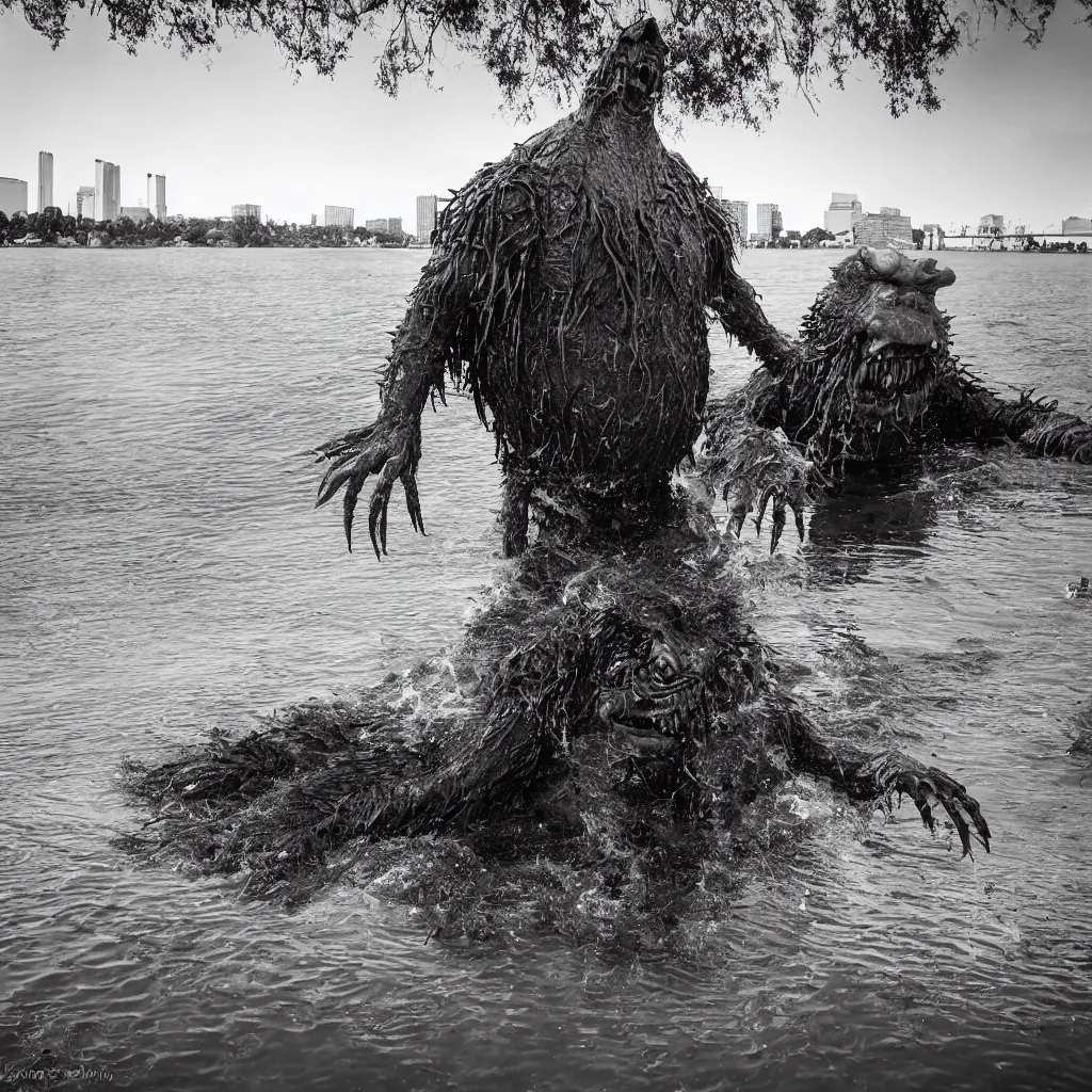 Prompt: a massive swamp monster emerging from Lake Merritt in Oakland CA, wide shot, water splashing, epic VFX shot, full color, trash, Sony 14mm f2.8