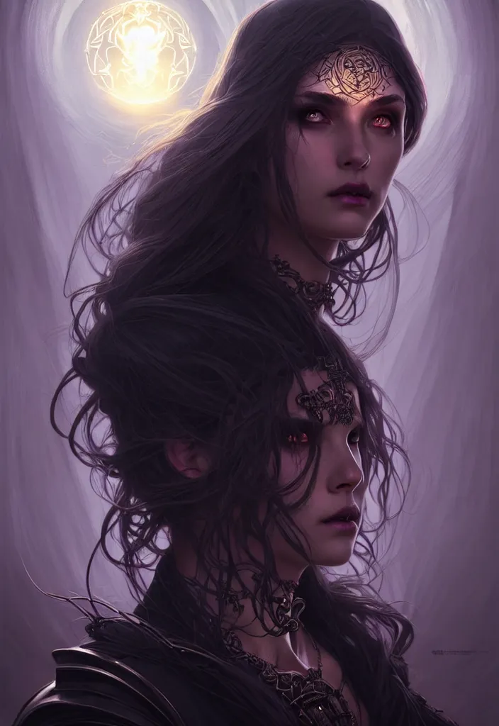 Image similar to Necromancer Sorceress face in center, fantasy magic, undercut hairstyle, dark light night, intricate, elegant, sharp focus, illustration, highly detailed, digital painting, concept art, matte, art by WLOP and Artgerm and Greg Rutkowski and Alphonse Mucha, masterpiece