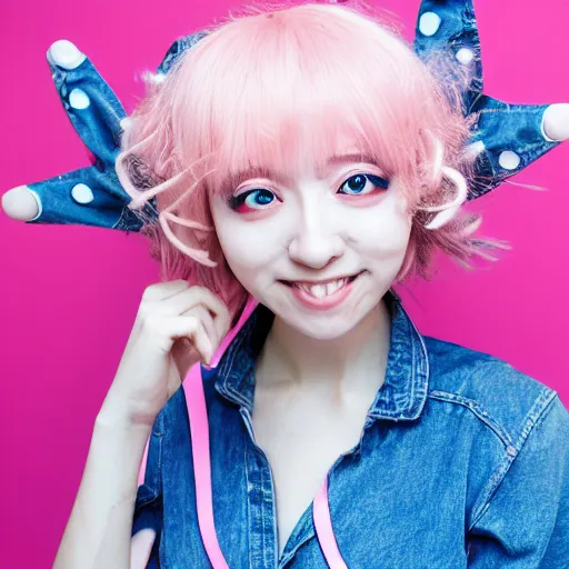 Image similar to happy anime girl, messy curly pastel hair, harajuku fashion, clear clean face, face by lya kushinov, Avetetsuya Studios