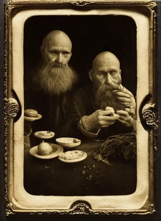 Image similar to old wetplate daguerreotype potato eaters by van gogh, fractal, intricate, elegant, highly detailed, parallax, leica, medium format, subsurface scattering, by jheronimus bosch and greg rutkowski and louis jacques mande daguerre