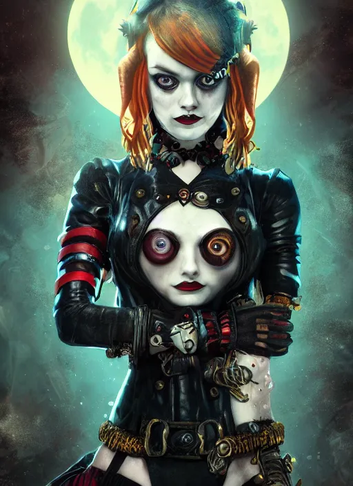 Image similar to underwater dark goth gothic steampunk portrait of emma stone as harley quinn, full moon, hyper detailed, digital art, cinematic lighting, studio quality, smooth render, unreal engine 5, octane rendered, art style by klimt and nixeu and ian sprigger and krenz cushart.