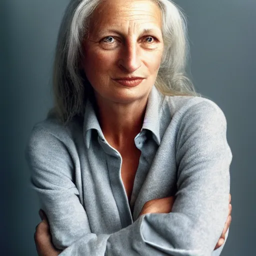 Image similar to portrait of a beautiful woman, front view. casual clothing. studio photo by annie leibovitz.