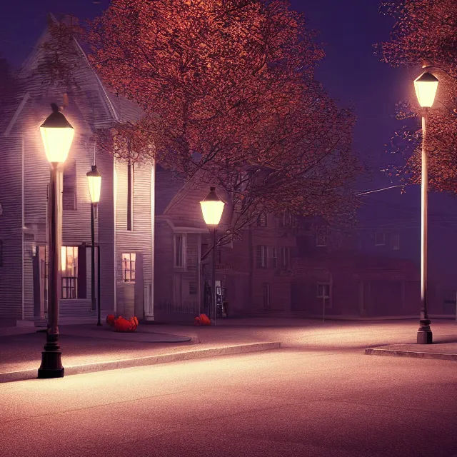 Image similar to night time photo of portsmouth new hampshire on halloween, tall maple trees along street, old street lamps, volumetric, realistic, cinematic lighting, ray tracing, unreal engine 5, octane render, hyper realistic, 8 k