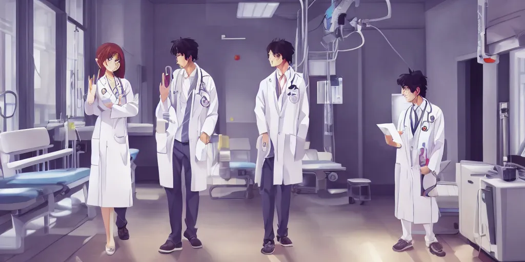 Image similar to a cute and beautiful young female doctor wearing white coat are talking with a handsome young man wearing white coat in a hospital ward, highly detailed, digital painting, slice of life anime, illustration, anime scenery by Makoto shinkai