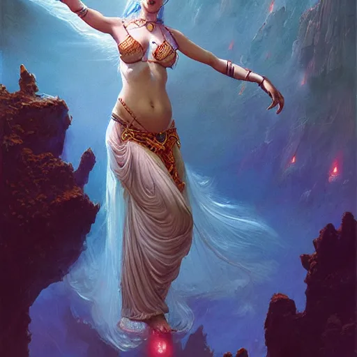 Image similar to cute female bellydancer dragon, anthropomorphic, stuning 3 d render, masterpiece, glowing holy aura, by donato giancola and greg rutkowski and wayne barlow and zdzisław beksinski, realistic face