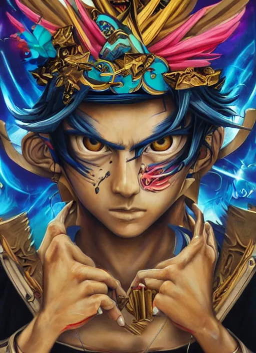 Image similar to beautiful portrait of Yu-Gi-Oh, by Tristan Eaton, Stanley Artgermm, Tom Bagshaw, Greg Rutkowski, Carne Griffiths. trending on DeviantArt, face enhance, hyper detailed, trending on Artstation, 8k, masterpiece, graffiti paint, fine detail, full of color, intricate detail, golden ratio illustration