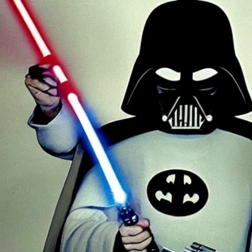 Prompt: a starwars lightsaber duel between Walter white and batman