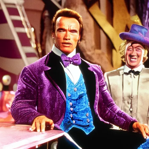 Image similar to arnold schwarzenegger starring as willy wonka, movie still