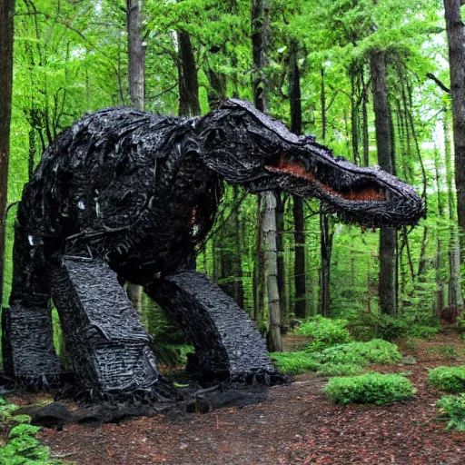 Image similar to mossy recycled tire sculpture of a tyrannosaurus in the forest