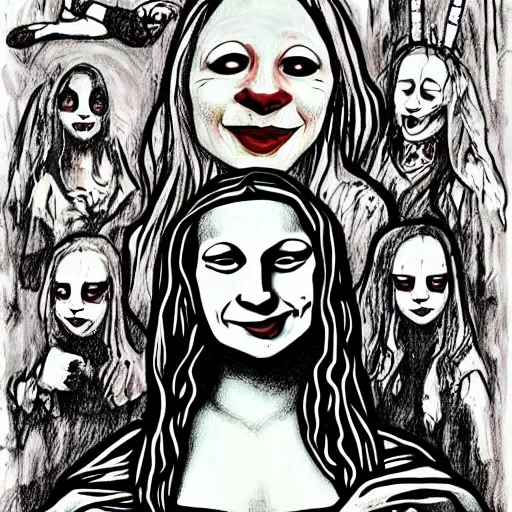 Image similar to grunge drawing of a happy mona lisa in the style of loony toons | horror themed | pennywise style