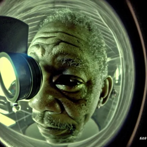 Image similar to Morgan freeman face closeup fisheye lens, night vision,4k,photograph,scary