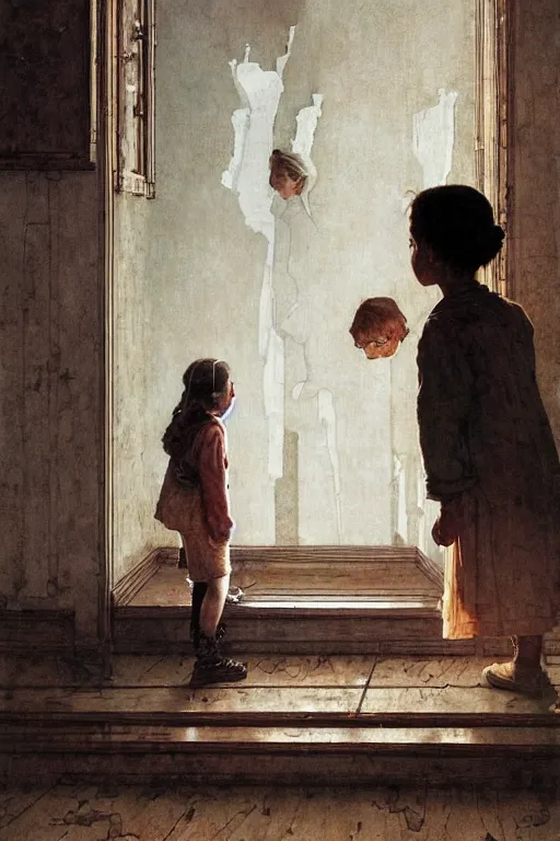 Image similar to a 1 2 year old boy and 3 year old girl looking at a wall full of ghosts, part by norman rockwell, part by greg rutkowski, part by mattias adolfsson, high angle, ( ( ( ( volumetric lighting ) ) ) ), oil on canvas