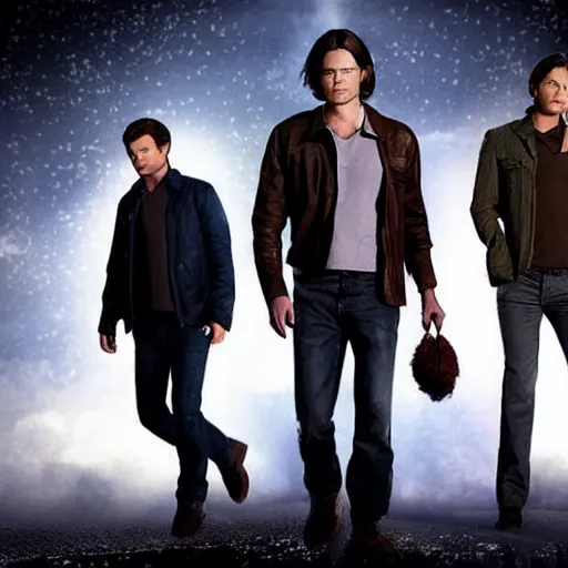 Prompt: sam winchester, dean winchester and castiel from supernatural in an epic pose with epic lighting