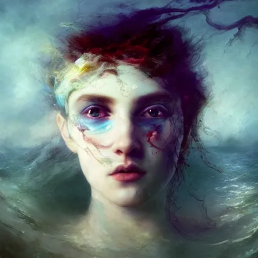 Image similar to dreams of the fae; three-quarters portrait; heterochromia; oil paints; 8k, surrealism, abstract imagery by Aleksi Briclot and Ivan Aivazovsky; blotchy skin, piercing eyes, flowing hair, underwater