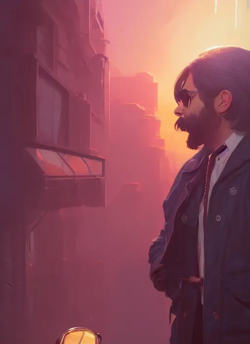 Image similar to highly detailed portrait of matt berry as jackie daytona, unreal engine, fantasy art by greg rutkowski, loish, rhads, makoto shinkai and lois van baarle, ilya kuvshinov, rossdraws, tom bagshaw, global illumination, radiant light, detailed and intricate environment