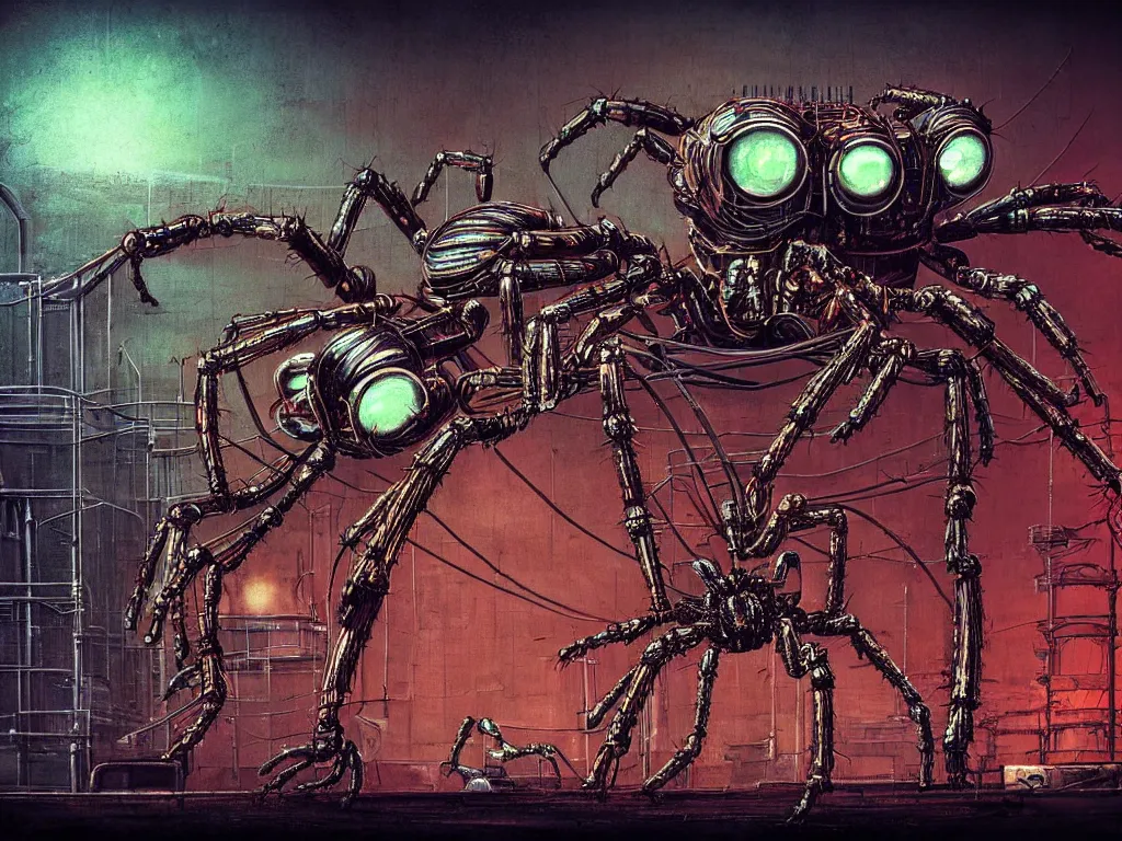 Prompt: one huge jumping spider robot in front of a massive rusty industrial plant, biomechanical, biopunk, nighttime, dark, gloomy, hazy, neon signs, neon, spotlights, oil spills, vignette, art by hr giger, digital art