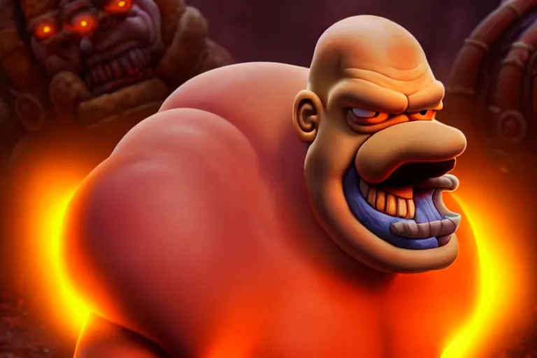 Prompt: a very detailed art of homer simpson mixed with garrosh hellscream from warcraft trending on artstation, digital art, 4 k, hyper realistic, octane render, sharp focus