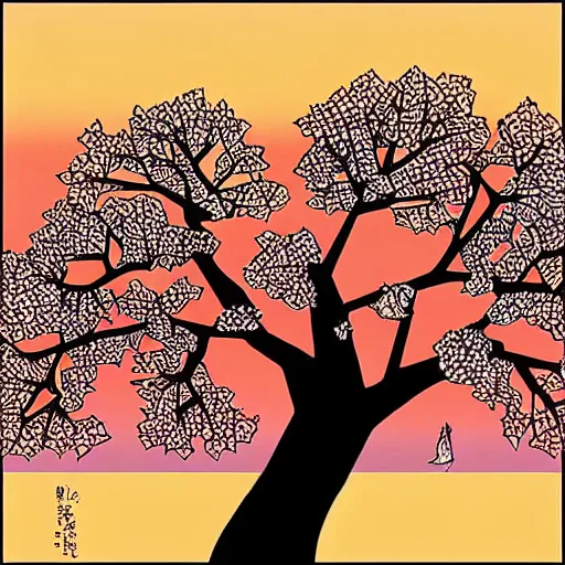 Prompt: birds on cherry tree, Changelingcore, serene, graceful, sunset photo at golden hour, Kodachrome, digital painting by M. C. Escher