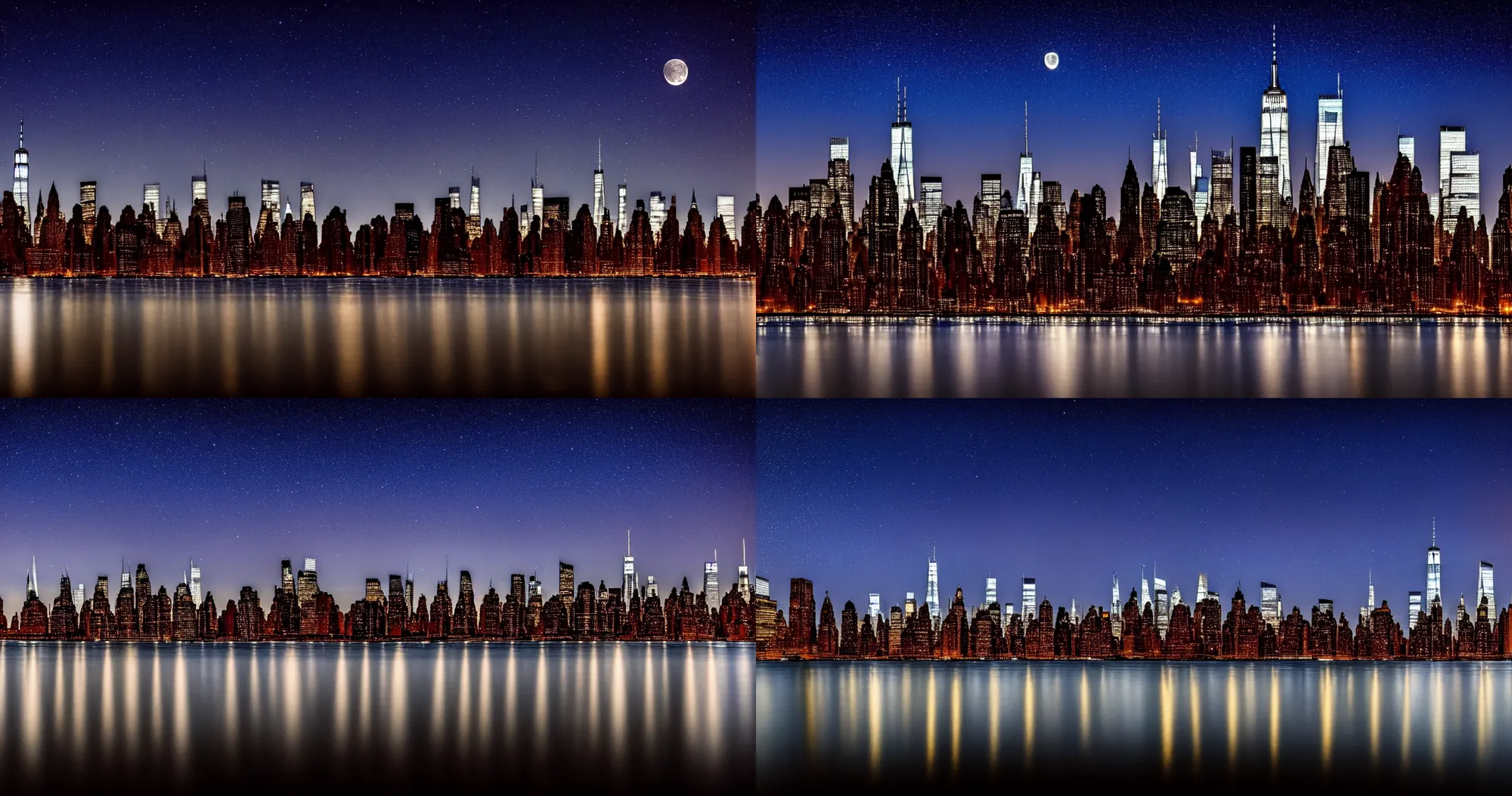 Image similar to New york city skyline at night stars and moon in sky water reflection-long exposure