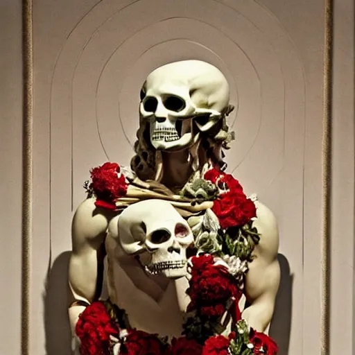 Image similar to a man in the form of a Greek sculpture with a mask in the form of a skull and wreath of flowers skulls in hands dressed in a biomechanical dress, red white and gold color scheme, baroque, by Michelangelo