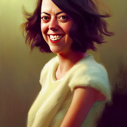 Image similar to portrait painting of aubrey plaza age 2 5, bright and energetic, with a sweet smile and floofy hair, render cinematic lighting art 1 9 2 0 period drama by bussiere rutkowski andreas rocha