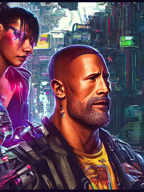 Prompt: a cyberpunk 2077 portrait of Dwayne Johnson and a female android,wedding pose,complex mess of cables and wires behind them connected to giant computer,film lighting,by laurie greasley,Lawrence Alma-Tadema,William Morris,Dan Mumford, trending on atrstation,full of color,face enhance, highly detailed,8K, octane,golden ratio,cinematic lighting