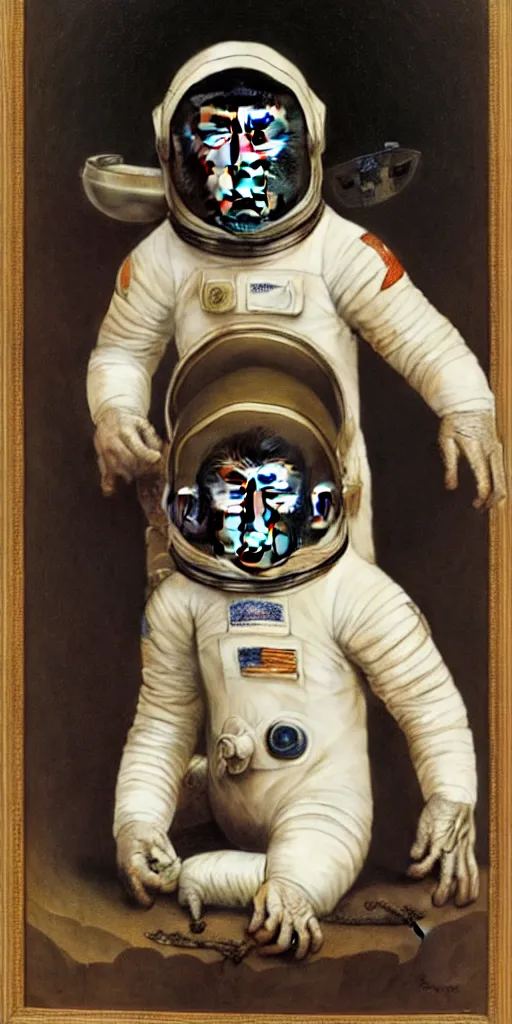Image similar to portrait of a monkey wearing a spacesuit and an astronaut helmet, by bouguereau