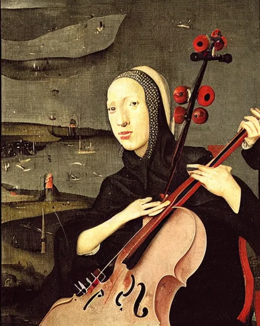 Prompt: a female cellist inspired by Hieronymous Bosch