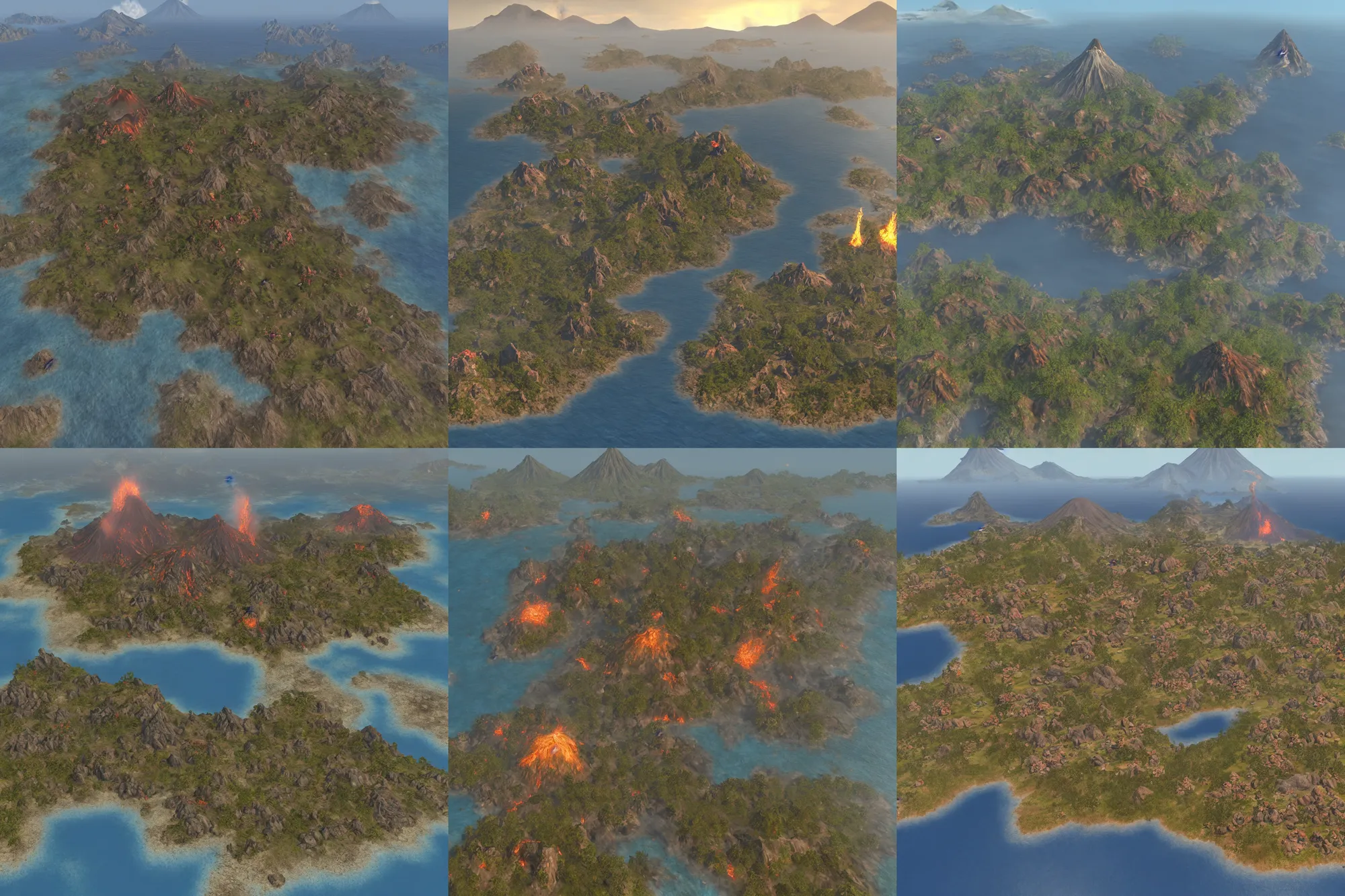 Prompt: aerial view of the island of morrowind, you can see the volcano erupting, unreal engine, 4 k