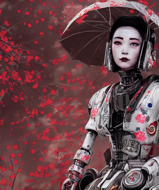 Image similar to an epic fantastic realism comic book style portrait painting of a japanese robotic geisha with kanji tattoos and decals, cherry blossom rain everywhere, apex legends, octane render, intricate detail, 4 k hd, unreal engine 5