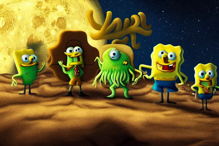 Prompt: Spongebob Cthulhu chimera on the photorealistic moon surface, high detail, movie poster, lunar, silhouetted