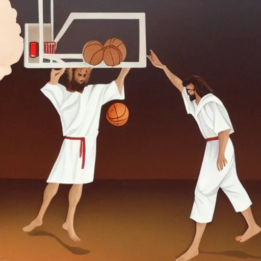 Prompt: Jesus wearing robes dunks a basketball