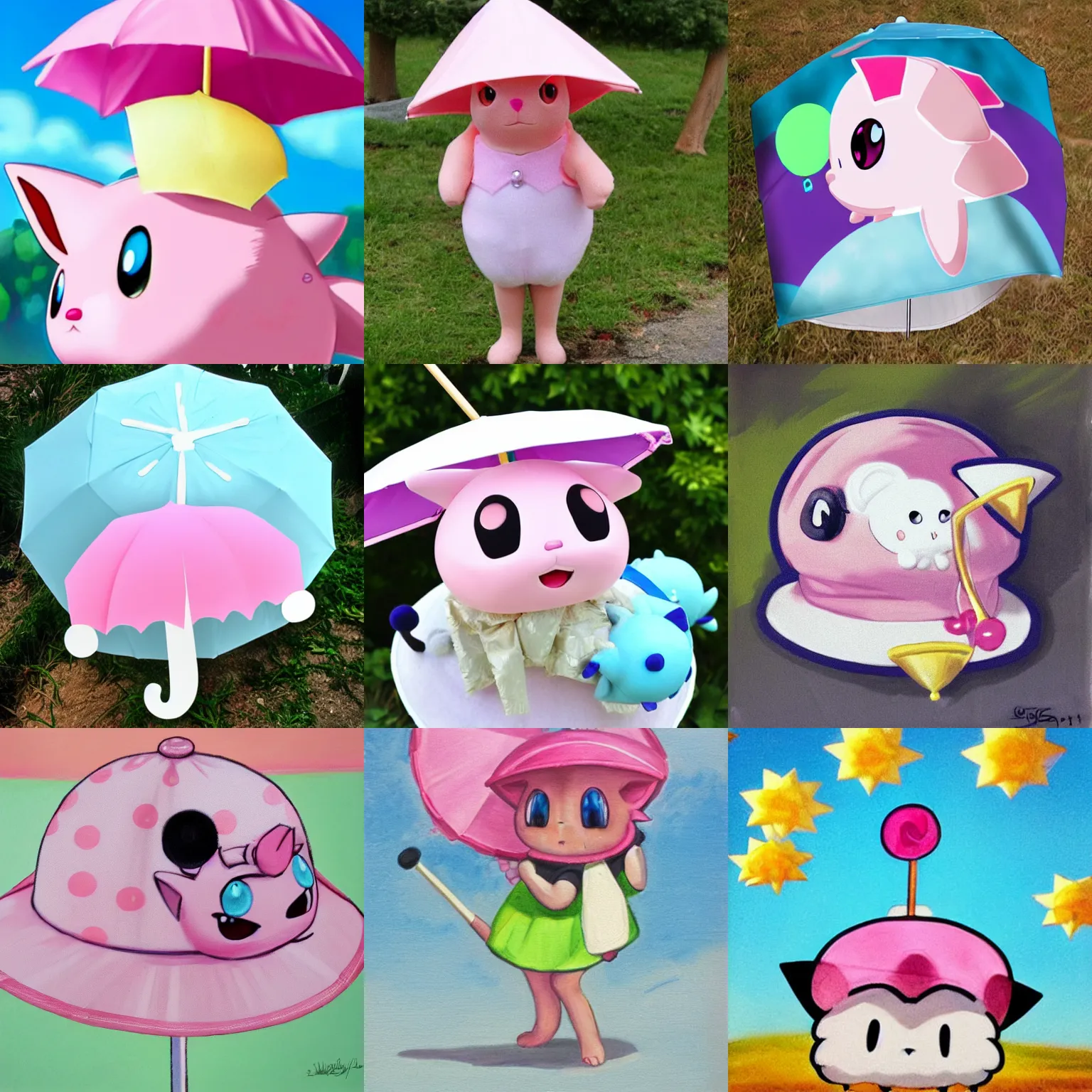 Prompt: Jigglypuff wearing an umbrella sunhat