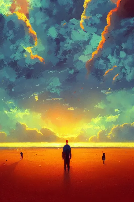 Image similar to a nuclear bomb detonates beach surreal photography, sunrise, dramatic light, impressionist painting, colorful clouds, digital painting, artstation, simon stalenhag