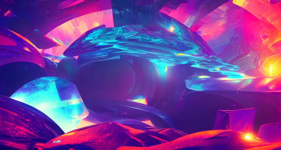 Prompt: Abstract astral dreamscape of moody and colorful 3D geomtric shapes, 3D video game, futuristic, science fiction, atmosphere, octane render, depth of field, unreal engine 5, vibrant color, lens flare, trending on artstation, ultra high detail, ultra realistic, cinematic, focused, 8k