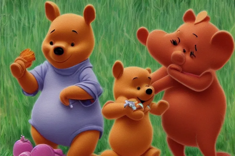 Image similar to winnie the pooh and piglet eating spare ribs, digital art, high detail, hyper realistic,