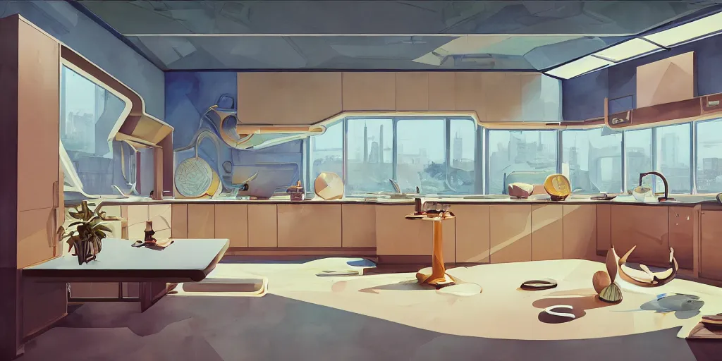 Image similar to a beautiful illustration of futuristic kitchen, lots of furniture, big medium small, sacred geometry, golden ratio, in watercolor gouache detailed paintings, in style of syd mead, trending on artstation, 8 k, panel, hard surface, wallpaper, zaha hadid, scattered props, plant, cozy, decoration, simon stalenhag, wes anderson, cyberpunk, insanely detailed