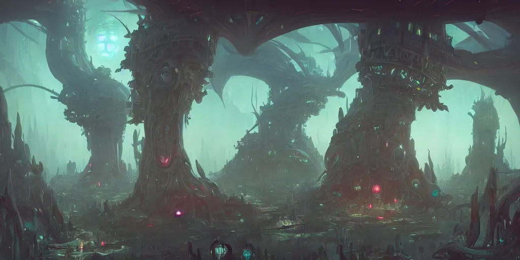 Prompt: alien hive city, concept art by pete mohrbacher and artgerm and wlop and greg rutkowski, digital art, highly detailed, intricate, sci-fi, neon colors, sharp focus, Trending on Artstation HQ, deviantart, unreal engine 5, 4K UHD image