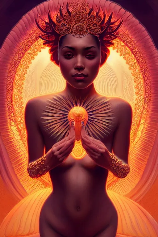 Prompt: symmetry!! intense fanart of 3 / 4 full front pose of a sensual sun goddess, protagonist, intricate, elegant, highly detailed, my rendition, digital painting, artstation, concept art, perfect, smooth, sharp focus, illustration, art by artgerm, kilian eng, greg rutkowski and alphonse mucha