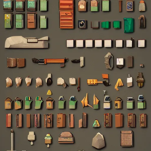 Image similar to modular inventory game items, very realistic , artstation, concept art ,