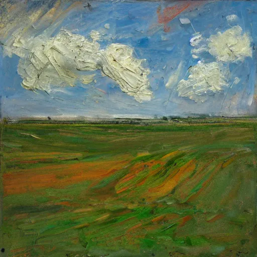 Prompt: oil paint impasto reliefs summer sussex fields, atmospheric, cumulus clouds, some splattered paint, in the style of monet and frank auerbach