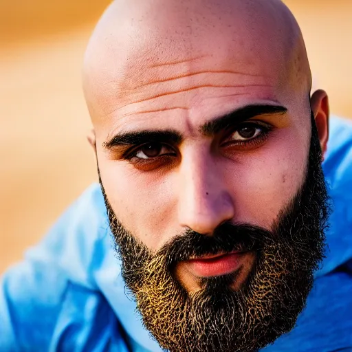 Prompt: real life photo of a Syrian man, bald head, full beard, blue watery eyes, full round face, short smile, serene desert setting, cinematic lightning, medium shot, mid-shot, highly detailed, photorealistic, 80mm, 85mm, cinematic wallpaper