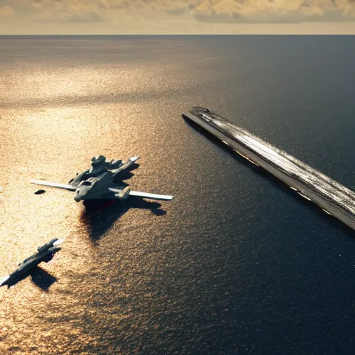 Image similar to promotional movie still, birds - eye view, a usa aircraft carrier in the ocean. in the distance a tie fighter ( star wars ) comes in for a landing. octane 3 d render, ue 5, realism, cinematic, imax 7 0 mm.