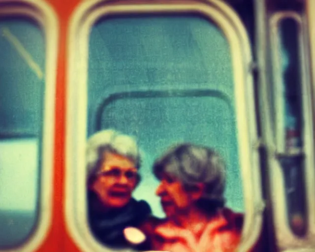 Image similar to a lomography photo of rumble between two grandmoms in soviet train this morning, bokeh,