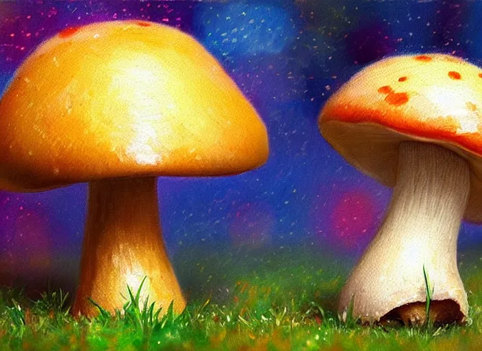 Image similar to a cute creature sitting next to a mushroom, realistic, very detailed, complex, intricate, studio lighting, superres sharpening, bokeh, sigma 5 0 mm f 1. 4, impressionist painting, digital painting, artstation, simon stalenha